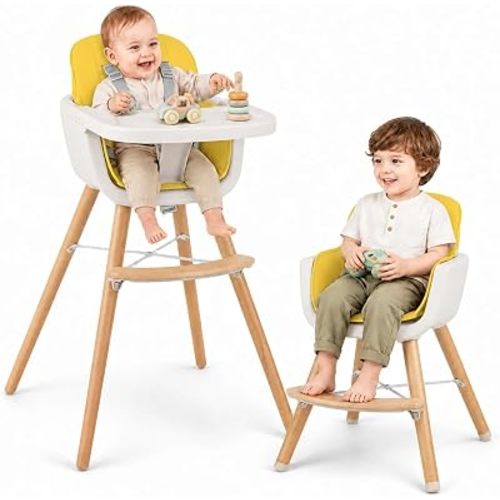 HONEY JOY Baby High Chair, 6-in-1 Eat & Grow Wooden Highchair/Toddler Chair with Removable Tray, 5-Point Harness, PU Cushion and Footrest, Convertible High Chair for Babies and Toddlers(Yellow)