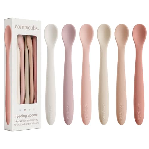 Comfy Cubs Silicone Baby Spoons Set 6-Pack, Blush 6.46 x 0.95 in – BPA Free, Soft Gum-Safe Toddler Eating Essentials – Lightweight & Flexible Baby Spoons, Dishwasher Safe, Fun Utensils for Babies