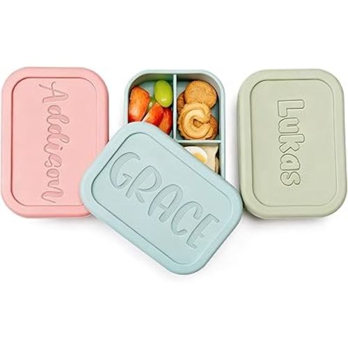 Custom Silicone Lunch Box with Engraved Name&Logo, Personalized Bento Box for Kids, Boy & Girl, Customized Multi-Compartment Lunch Container for Work, School, Travel, Outdoor Meals, Snacks and Fruits