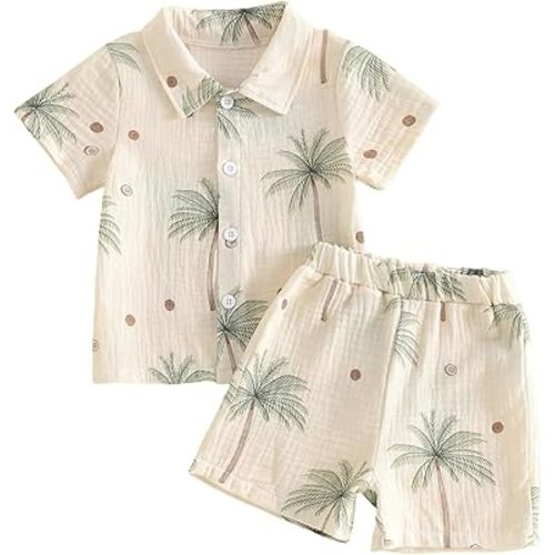 Kupretty Toddler Baby Boy Clothes Tropical Vacation Summer Outfits Button Up Short Sleeves Hawaiian Beach Shirts & Shorts