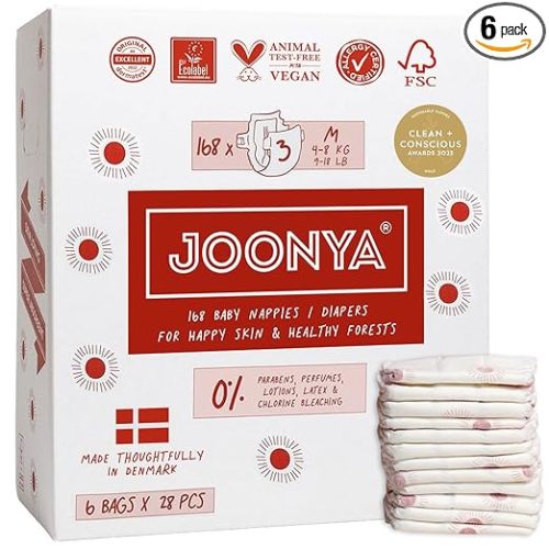Joonya Baby Diapers, Size 3 M (9-18 lb) - 1 Bag of 28 - Non Toxic, Eco-Friendly, High Absorbency, Overnight Use, Ultra Slim & Soft - Made in Denmark