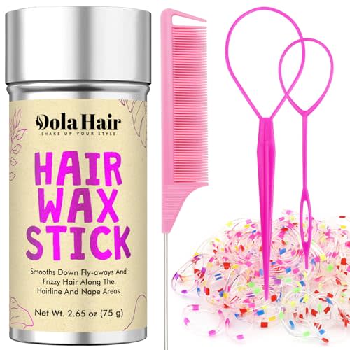 Dolahair Hair Wax Stick & Accessories - Flyaway Control for Kids & Women, 50 Pcs Colorful Elastic Hair Bands, 1 Pcs Slick Back Hair Brush, 2 Hair Loop Styling Tools (Pink)