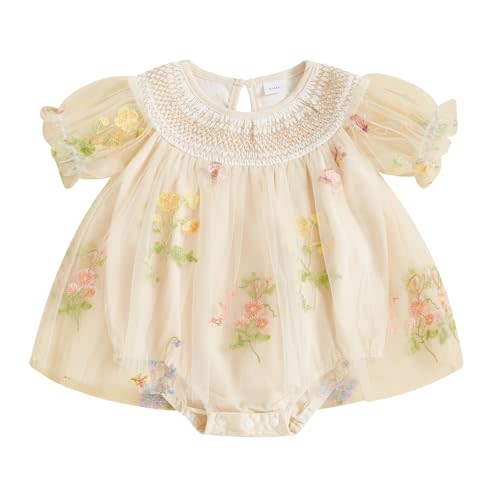 MAINESAKA Smocked Baby Girl Tulle Romper Dress Floral Embroidery Butterfly Wings Fairy Bubble Romper Bodysuit Summer Clothes