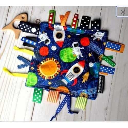 Space Crinkle Toy - With Beech Wood Toy - Boy Shower Gift - Ribbon Tag Blanket - Lovey - Ribby Crinkle Crackle - OUT IN SPACE