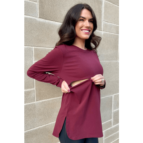 Long Sleeve Nursing Tunic Top - Burgundy – Nursing Queen
