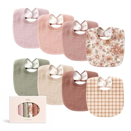 Konssy 8-Pack Muslin Baby Bibs, Adjustable Fit for Drooling and Teething