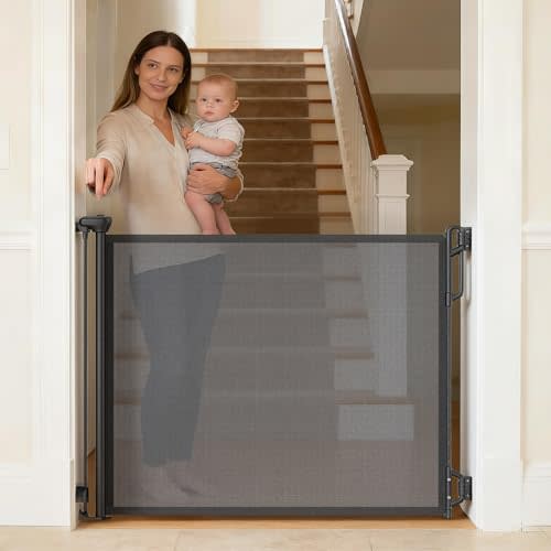 SPACEANY Retractable Safety Baby Gate or Mesh Dog Gate,Durable Portable Mesh Retractable Gate,Easy to Use for Stairs, Doorways, Hallways, Indoor, Outdoor, 33.5" Tall, Up to 55" Wide, Black