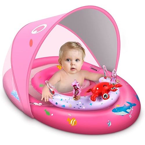 Baby Pool Float with Canopy UPF50+, 120°Adjustable Sun Protection and Anti-Tip Safety Seat, Inflatable Toddler Floaties Infant Pool Float with Animal Pool Toys, Baby Beach Essentials for 6-36M