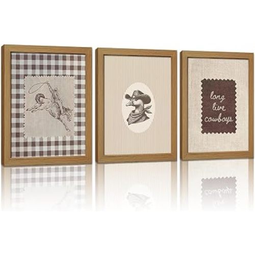 Kownzev Cowboy Wall Art Set of 3, Western Framed Canvas Prints Decor 12x16