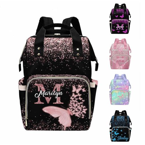 MyPupSocks Custom Diaper Bag with Butterfly Personalized Name Multifunctional Mommy Backpack for Daughter Granddaughter, Daypack Bag for Travel
