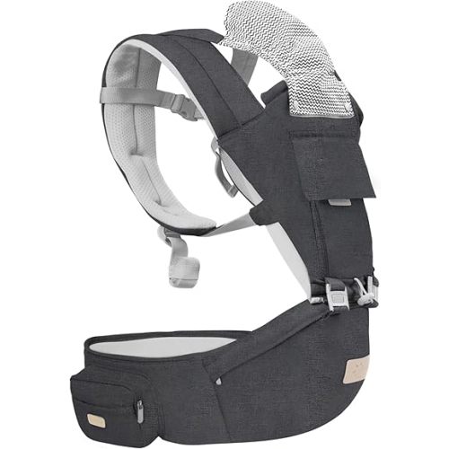 FRUITEAM 6-in-1 Baby Carrier with Waist Stool/Hip Seat, One Size Fits All -Adapt to Newborn, Baby Hip Carrier for Breastfeeding, Infant & Toddler, Dark Grey