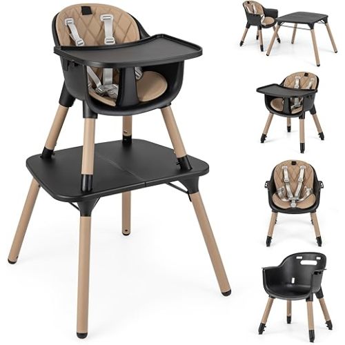 HONEY JOY 5-in-1 High Chair, Convertible Highchair for Babies and Toddlers/Kids Chair Table Set/Infant Feeding Chair w/Safety Harness, PU Leather Cushion & Removable Food Tray (Coffee)