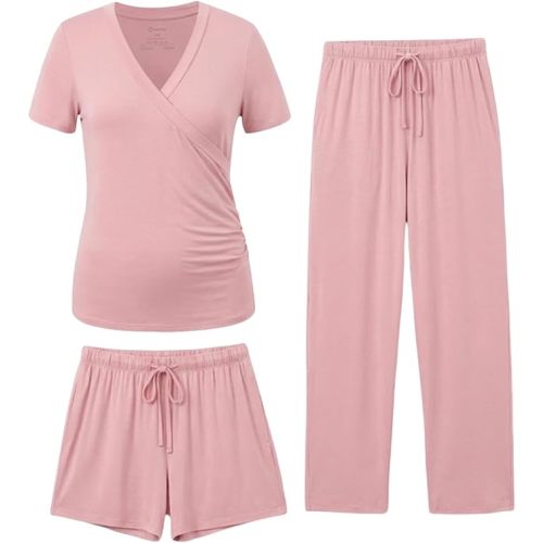 PATPAT 3-Piece Maternity Nursing Pajamas, Womens Lounge Set with Pockets | Pregnancy through postpartum, everyday sleepwear, soft fabric, easy nursing access, adjustable waistband, shorts and pants