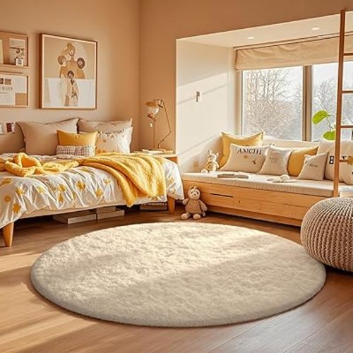 Ophanie Round Rug 4Ft Ivory Circle Area Rug, Aesthetic Room Decor, Fluffy Fuzzy Bedroom Carpet, Plush Soft Shaggy Cream Living Room Rugs for Kids Home Decor, Nursery