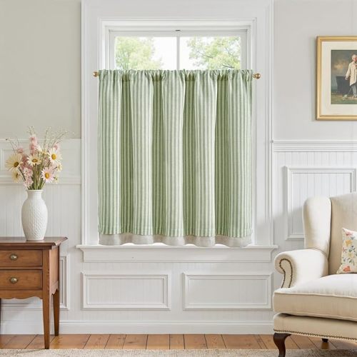 jinchan Double Layer Striped Linen Kitchen Tier Curtain Rustic Cafe for Living Room Bathroom Half Window Curtain Light Filtering Rod Pocket 1 Panel 36 Inch Sage Green
