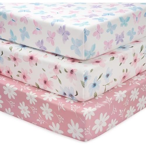 Baby Crib Sheets Girl, 3 Pack Toddler Bed Sheets Fit for 52”x28” Standard Crib and Toddler Mattresses, Super Soft Microfiber Pink Butterfly Flower