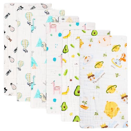 FOOK FISH Muslin Burp Cloths Cotton Burping Cloth 20'' X 10'' Pack of 6,Baby Spit Up Cloths for Newborn,Absorbent,Soft,Breathable Large,Premium 6-layer Construction,Unisex,for Boys and Girls(Colorful)