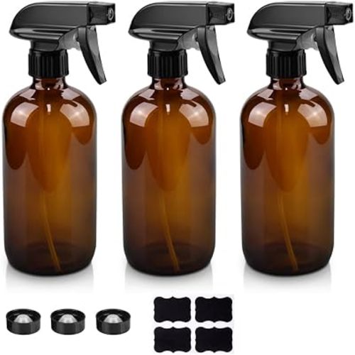 Worldgsb Glass Spray Bottles, 16oz Amber Glass Spray Bottles with Labels & Adjustable Nozzle, Reusable Containers for Cleaning, BBQ, Food, Plants, Alcohol, Essential Oils(3 Pack)