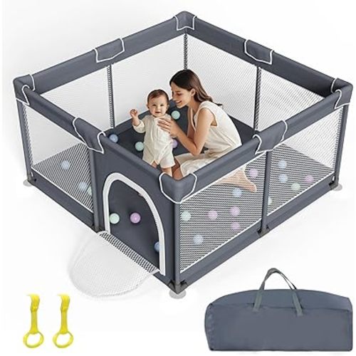 Grobeybees Playpen for Babies and Toddlers, Large Baby Playpen, Playard with Bag, Indoor & Outdoor Play Pen, Sturdy Safety Baby Play Yard with Soft Breathable Mesh (Grey)