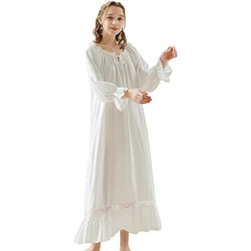 LAPAYA Women's Victorian Cotton Nightgown Lace Trim Vintage Sleepwear Long Sleeve Sleepshirts