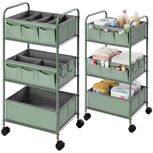 WILLBOND 3 Tier Green Baby Diaper Caddy Organizer Cart with 4+3 Dividers Large Capacity Metal Utility Bedside Rolling Cart Newborn Registry Nursery Essential Must Have Crib Bedroom Baby Shower