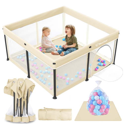 Foldable Baby Playpen with Mat, Collapsible Play Pen for Babies and Toddlers, Indoor & Outdoor Kids Safety Play Pen, Portable Play Yard with 50 Ocean Balls, 50"×50", Yellow