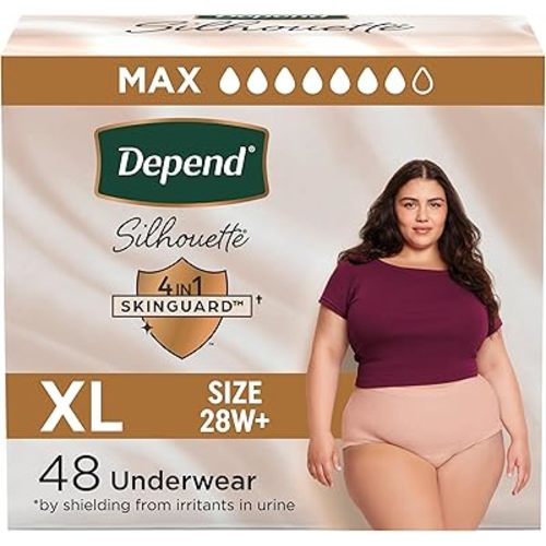 Depend Silhouette Adult Diapers, Incontinence & Postpartum Bladder Leak Underwear for Women, Maximum Absorbency, Extra Large, Pink, 48 Count (2 Packs of 24), Packaging May Vary
