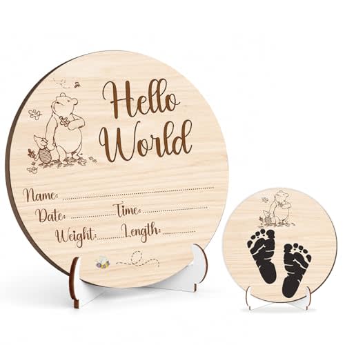 Winnie Baby Wooden Newborn Birth Sign, Winnie Hello World Newborn Signs, Pooh Double Sided Hello World for New Mom Babies Decor, Babies Name Plaques Photography Prop, Pooh Baby Announcement Sign