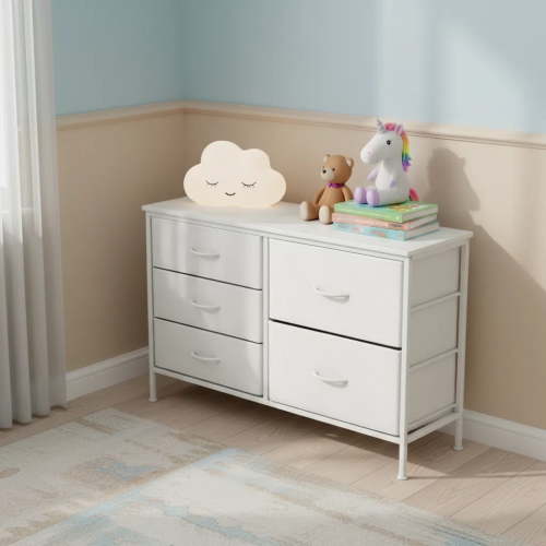 edx 5 Drawer Dresser for Bedroom, 39.4" Fabric Chest of Drawers with Wood Top Metal Frame, Storage Organizer for Closet, Hallway & Living Room, White
