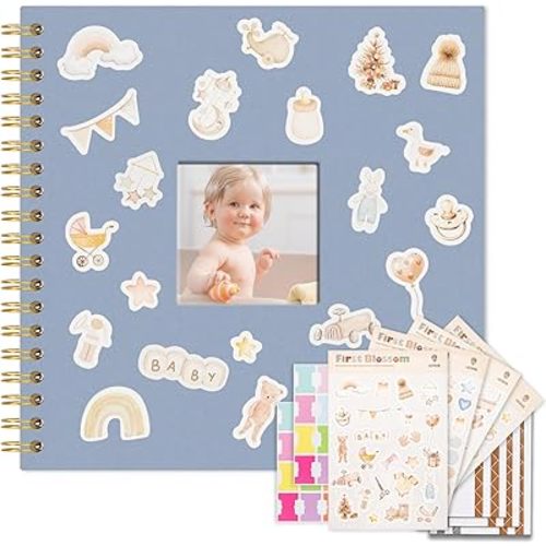 Vienrose Kids Scrapbook Album 10.4"X10.0" with Window Silk Fabric Cover Acid-Free Pages Personalised DIY Photos Scrapbooking for Baby Memory Book, First Year Keepsake Journal Gift Boy Girl, Blue