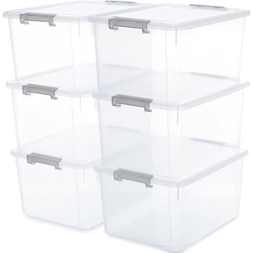 Citylife 6 Packs 32 QT Plastic Storage Bins with Lids Large Stackable Storage Containers for Organizing Clear Storage Box for Garage, Closet, Kitchen