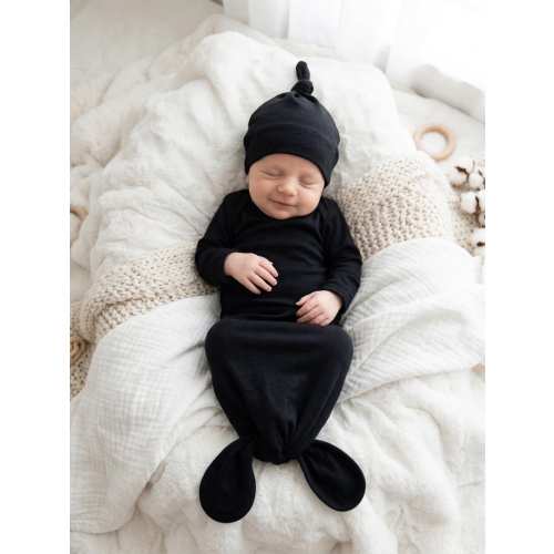 Black knotted baby gown with top knot hat or headband, baby girl or boy coming home outfit