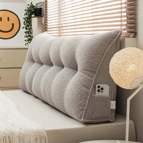 Lovote Triangular Headboard Pillow with Side Pockets - Teddy Velvet Fabric, Bed Rest Reading Pillow, Removable & Washable Cover, Daybed Wedge Pillow for Queen Beds, Light Gray