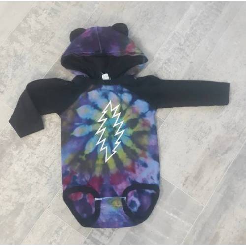 Grateful Dead | Hooded Raglan TIE DYE Baby Bodysuit One Piece with EARS Dancing Bear Babies Shower Gift Hippie Mom