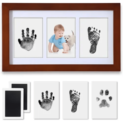 PewinGo Hand and Footprint Kit,Inkless Handprint Kit with 2 Safe Clean-Touch Ink Pads and a Wooden Picture Frame, Gifts for New Parents, Shower-Walnut