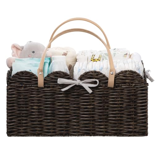 HBlife Baby Diaper Caddy Organizer, Large Portable Scalloped Plastic Wicker Woven Basket with Divider, Nursery Diaper Station, Baby Shower Gifts Basket, Car Organizer, Washable Waterproof