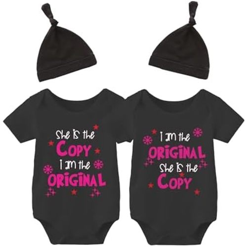 YSCULBUTOL Baby Twins Bodysuits She Is The Copy I Am The Original Infant Baby Clothes Twin Outfits With Hat