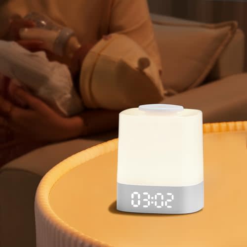 LED Nursery Night Light with Clock, Portable Breastfeeding Table Lamp for Baby with Remote Control, Dimmable, 3 Color Temperature, 4000mAh Rechargeable Battery, White