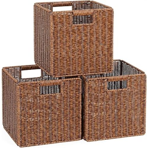 11X11X11in Brown Plastic Wicker Storage Basket, Foldable Cube Woven Storage Basket for Shelves, 11x11 Cube Storage Bins Set of 3, Wicker Storage Baskets for Laundry Nursery Room