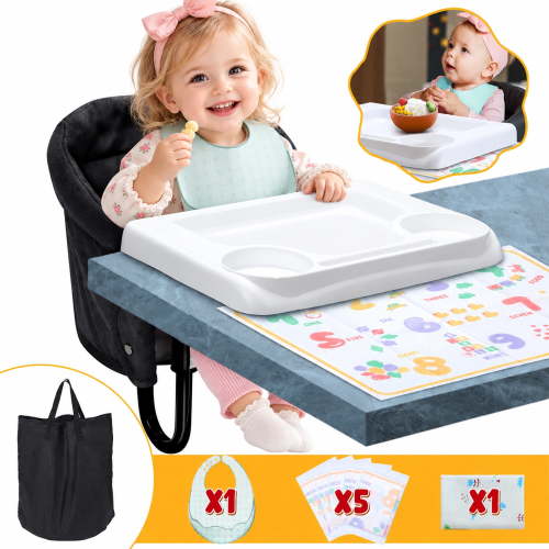 Wonderstone Portable Hook-On High Chair, Folding Tabletop Baby Chair with Tray and Storage, Black