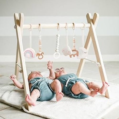Mallify Wooden Baby Gym with 6 Gym Toys, Foldable Baby Play Gym, Natural Pine Wood Play Gym, Frame Activity Center Hanging Bar, Wooden Play Gym