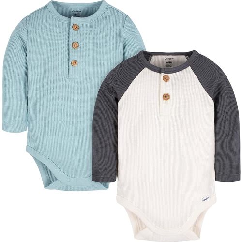 Gerber Baby Boys' Long Sleeve Henley Onesies (2 Pack)