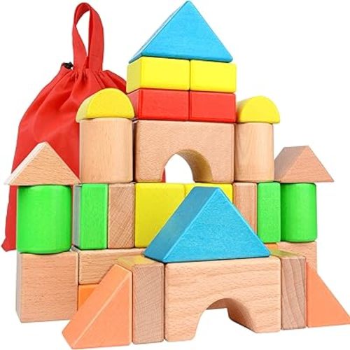 Migargle Large Wooden Building Blocks Set - Educational Preschool Stacking Toys with Storage Bag, Gifts for Boys Girls Ages 3+