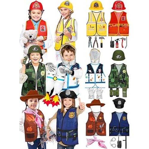 Hungdao 6 Sets Kids Boys Girls Dressing up Costumes, Toddler Dressing up and Pretend Play for Age 6-10 Dress up Firefighter, Construction Worker, Explorer, Astronaut, Cowboy, Policeman