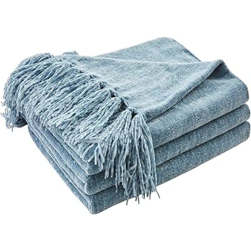 CozeCube Chenille Throw Blanket for Couch, Cozy Plush Fuzzy Decorative Dusty Blue Blanket with Fringe Tassels, Lightweight Throws for Bed Sofa Gift Home Decor, 60"X80"
