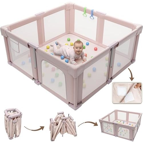 Seeday 51" Foldable Baby Playpen with Mat, Playpen for Babies and Toddlers with Ocean Balls and Pull Links, Soft Breathable and Visible Mesh, Indoor and Outdoor Play Pen, Pink