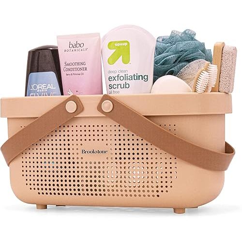 Brookstone BKH1634, Large Portable Shower Caddy with Soft Silicone Carrying Handle, Bathroom Organizer Basket, Plastic Bath Tote, Dries Quickly with Drainage Holes [BPA Free], Blush Color