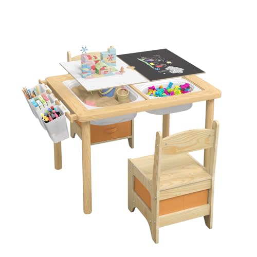 Pine Wood Kids Sensory Table and Chair Set, 5 in 1 Children's Sensory Table for Toddlers 1-3, Children Activity Table with 6 Storage Bins, Toddler Table and Chair Set for Play Study Art Dining Toys