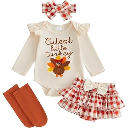 MoZiKQin My First Thanksgiving Baby Girl Outfit Turkey Romper Ruffle Layered Shorts Headband Socks Cute Fall Clothes
