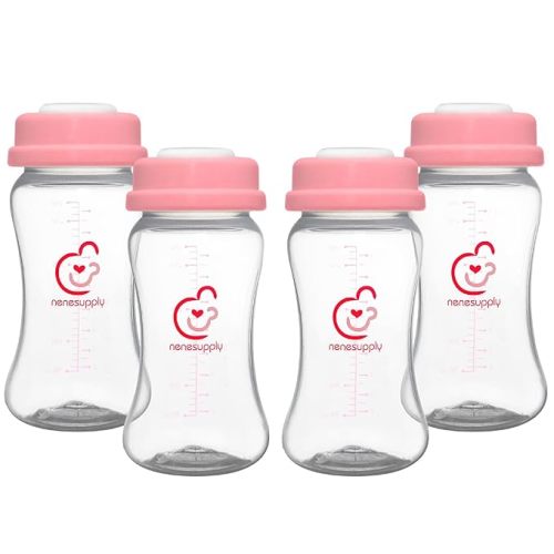 NENESUPPLY Breastmilk Storage Bottles Collection for Spectra S1 S2 Motif Luna Breast Pumps 4 pc 9oz 280ml with Collar and Sealing Disc. Replace Spectra Bottles for Pumping Wide-Mouth